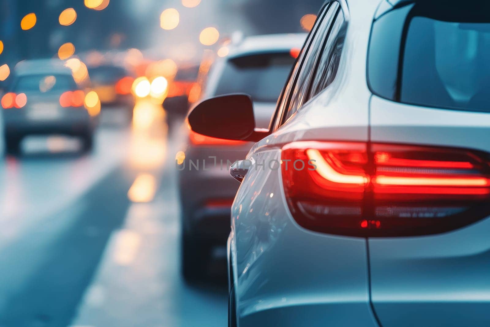 A car is driving down a street with other cars in the background. The car is white and has a red tail light. The scene is blurry and has a sense of motion