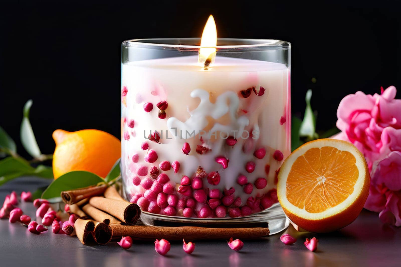 Elegant candle with vibrant flower petals, fresh fruits, and glowing flame. Perfect for creating a cozy atmosphere, ideal for wellness, home decor, and relaxation themes