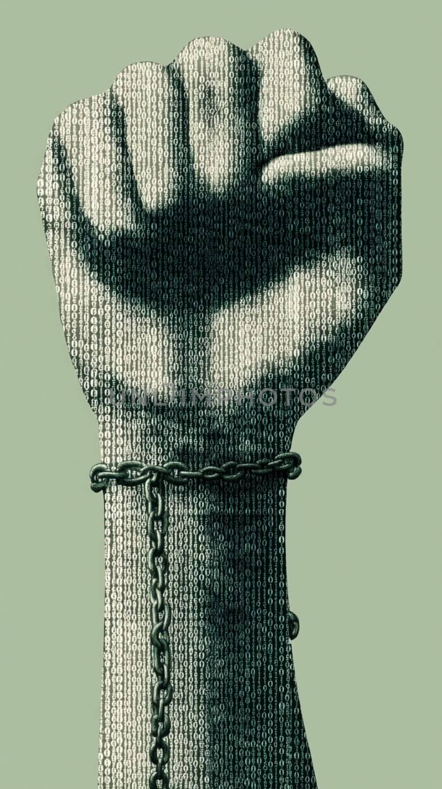 Powerful fist, adorned with intricate patterns, is breaking free from heavy chains, symbolizing the struggle for freedom and equality