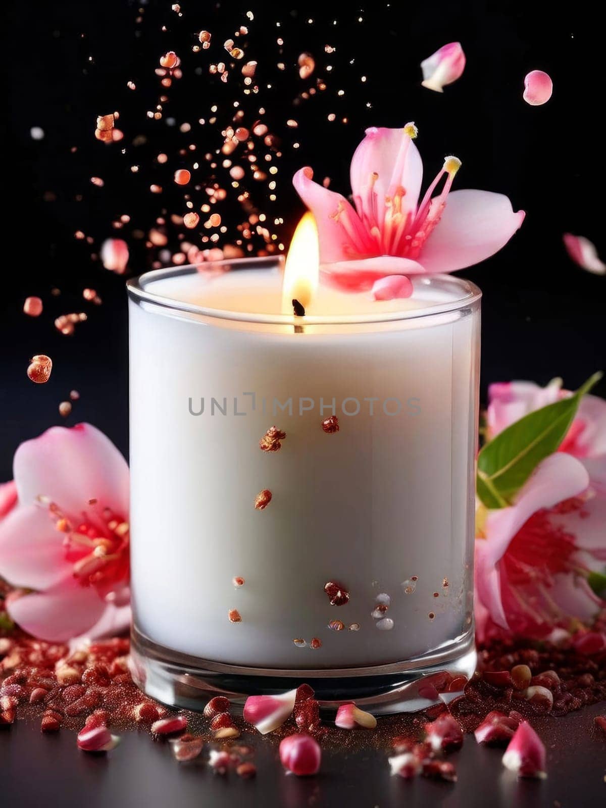 Elegant candle with vibrant flower petals, fresh fruits, and glowing flame. Perfect for creating a cozy atmosphere, ideal for wellness, home decor, and relaxation themes