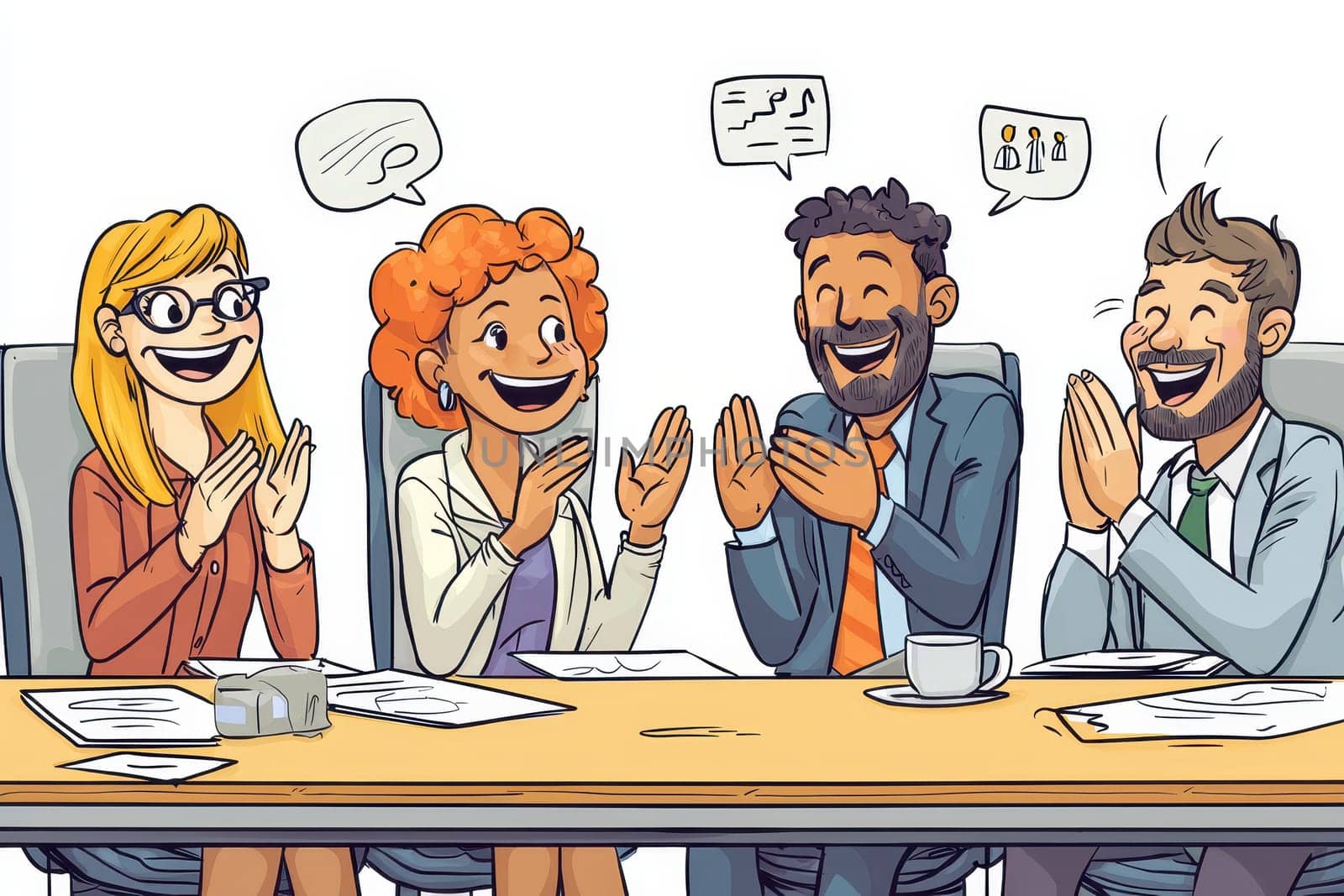 A group of people are sitting around a table, smiling and clapping. Scene is happy and celebratory