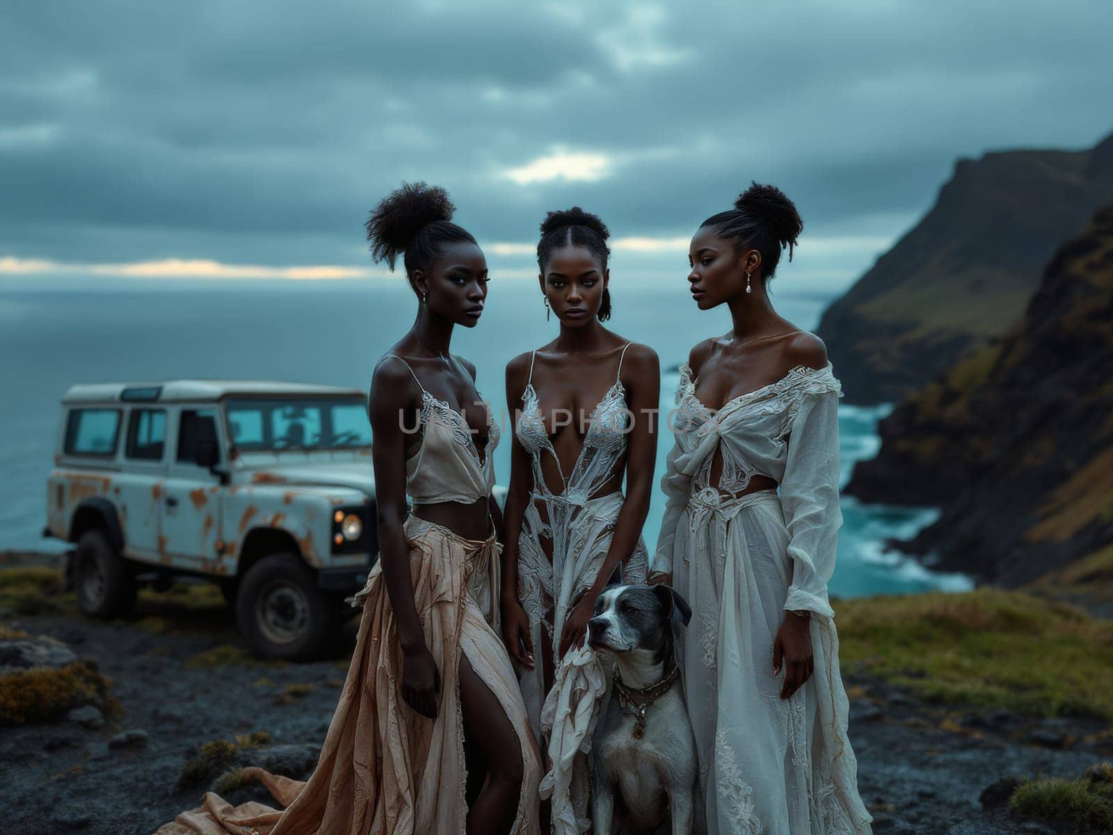 Three young black fashion models posing on a cliff by the sea with a dog, showcasing elegance against a backdrop of an old rusty car. Ai generated