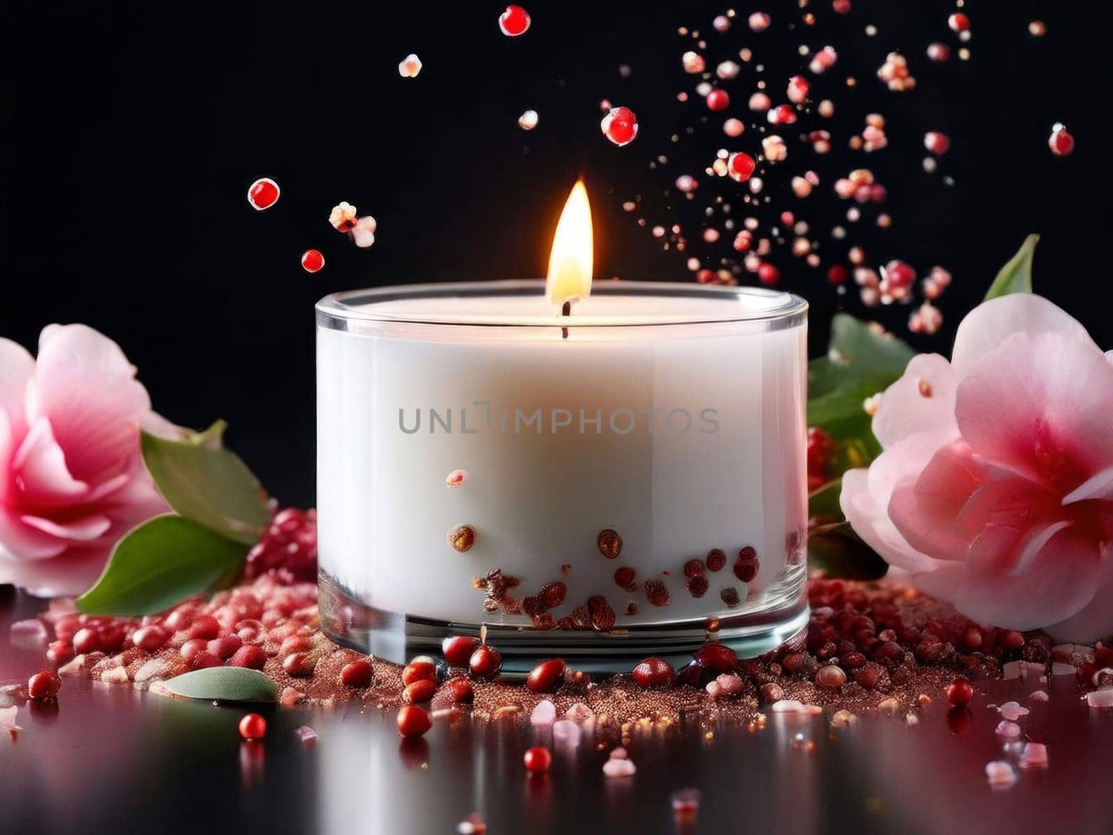 Serene candlelight surrounded by colorful petals and fruits. Evokes a sense of calm, ideal for wellness, lifestyle, and home decor imagery