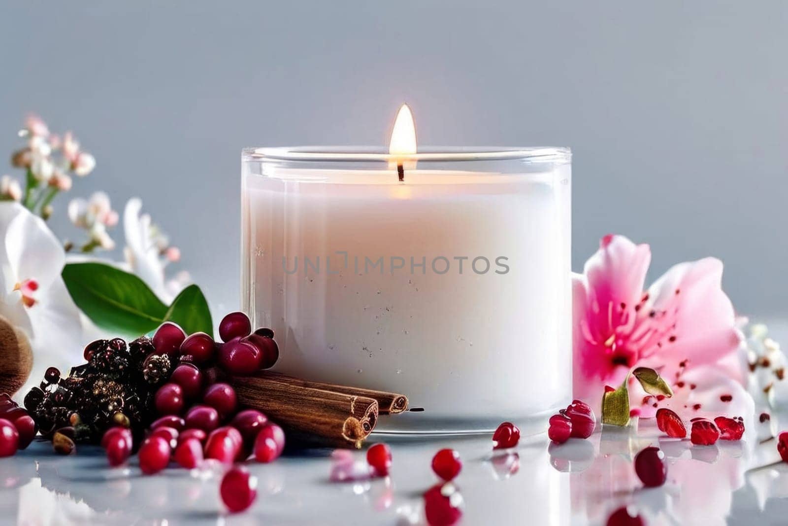 Serene candlelight surrounded by colorful petals and fruits. Evokes a sense of calm, ideal for wellness, lifestyle, and home decor imagery
