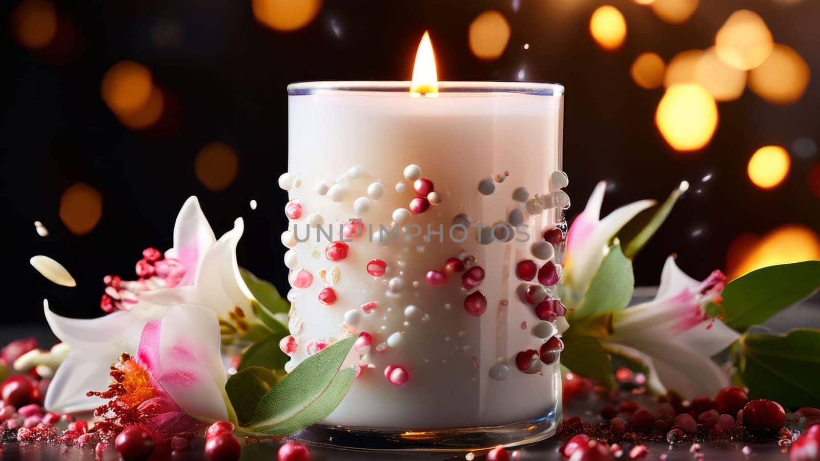 Serene candlelight surrounded by colorful petals and fruits. Evokes a sense of calm, ideal for wellness, lifestyle, and home decor imagery