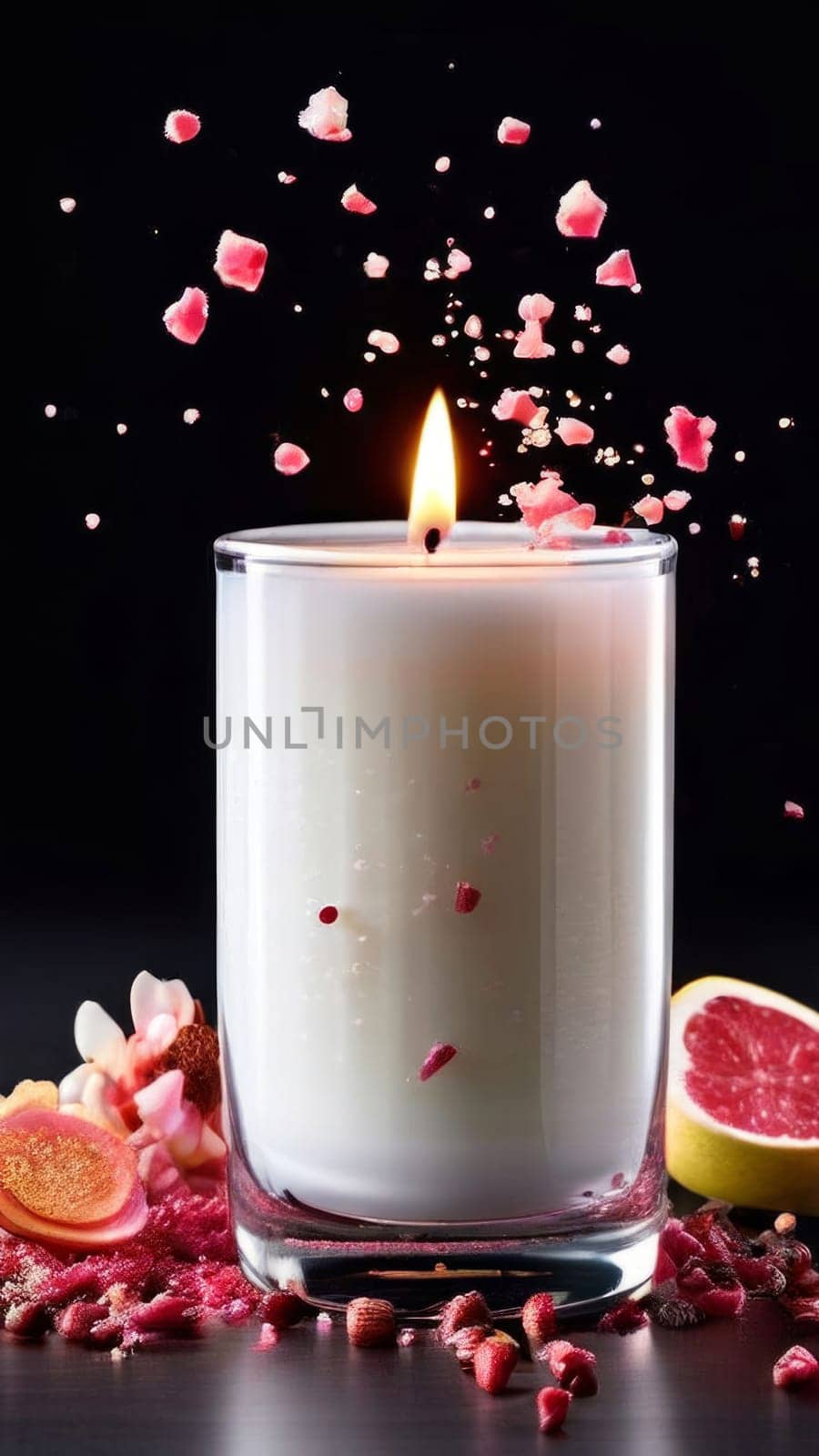 Elegant candle with warm flame surrounded by vibrant flower petals, lemon slices, and aromatic spices. Perfect for creating cozy atmosphere, ideal for wellness, home decor, and relaxation themes