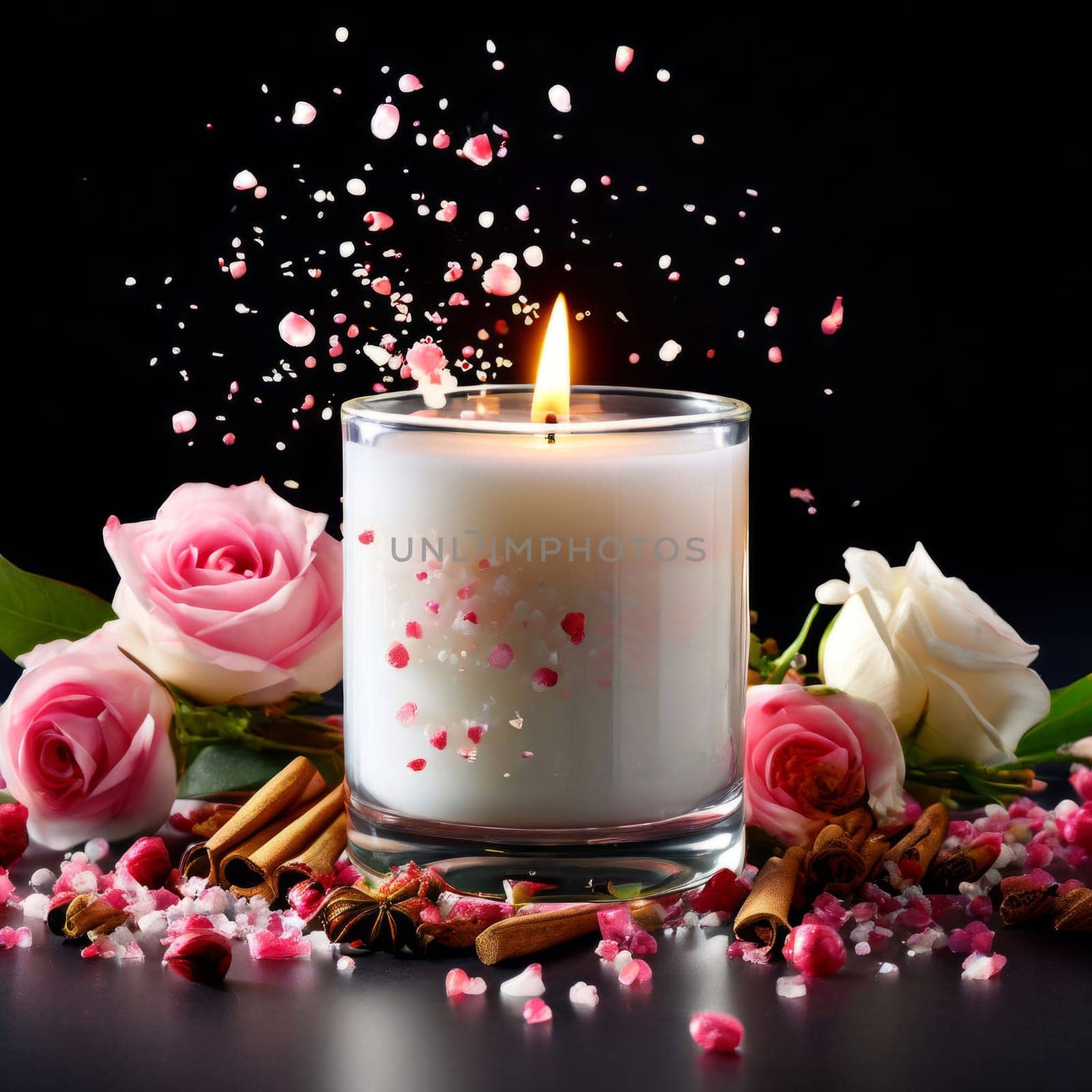 Elegant candle with warm flame surrounded by vibrant flower petals, lemon slices, and aromatic spices. Perfect for creating cozy atmosphere, ideal for wellness, home decor, and relaxation themes