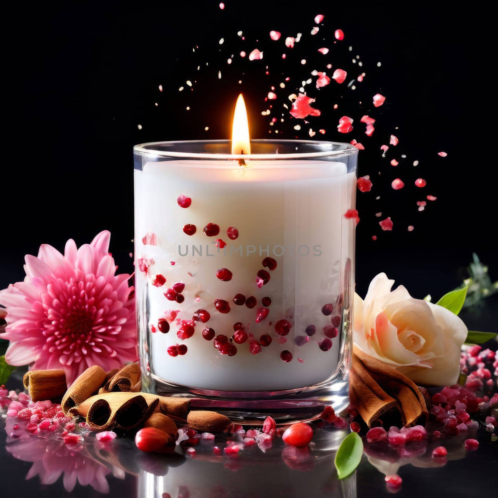 Elegant candle with warm flame surrounded by vibrant flower petals, lemon slices, and aromatic spices. Perfect for creating cozy atmosphere, ideal for wellness, home decor, and relaxation themes