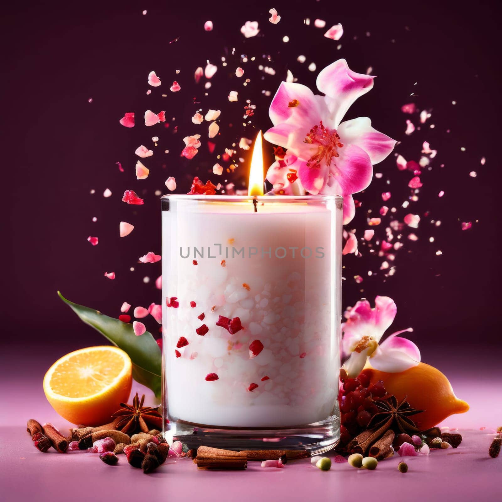 Elegant candle with warm flame surrounded by vibrant flower petals, lemon slices, and aromatic spices. Perfect for creating cozy atmosphere, ideal for wellness, home decor, and relaxation themes