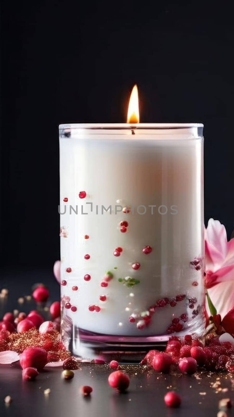 Soothing candle with beautiful flower petals, lemon, and aromatic spices creates calming atmosphere. Great for enhancing wellness, lifestyle, and cozy home decor