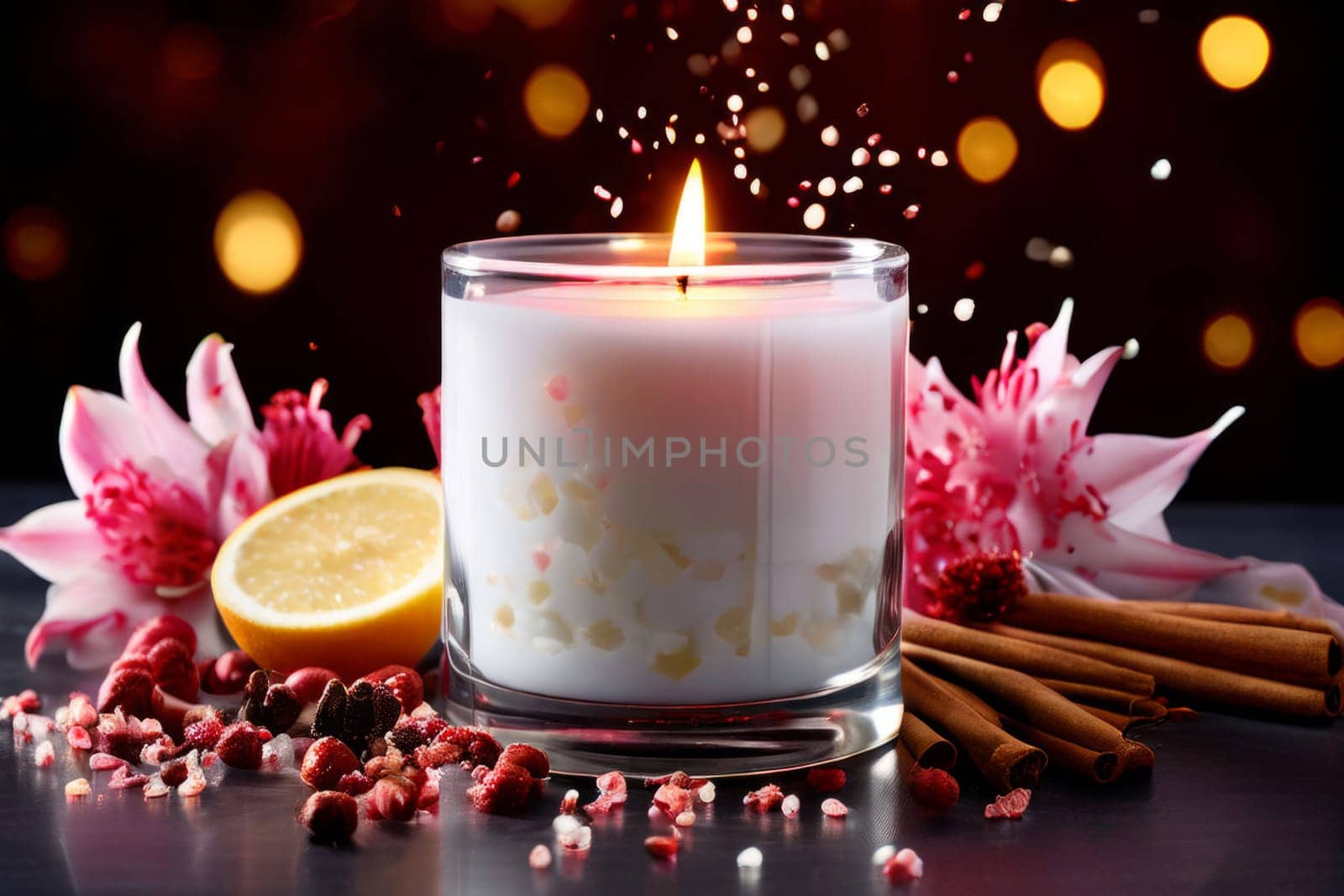 Soothing candle with beautiful flower petals, lemon, and aromatic spices creates calming atmosphere. Great for enhancing wellness, lifestyle, and cozy home decor