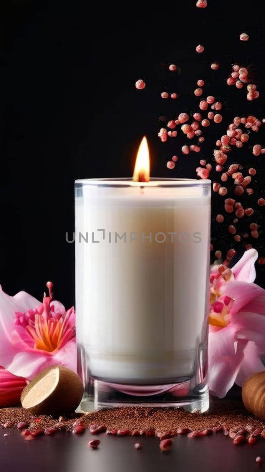Soothing candle with beautiful flower petals, lemon, and aromatic spices creates calming atmosphere. Great for enhancing wellness, lifestyle, and cozy home decor