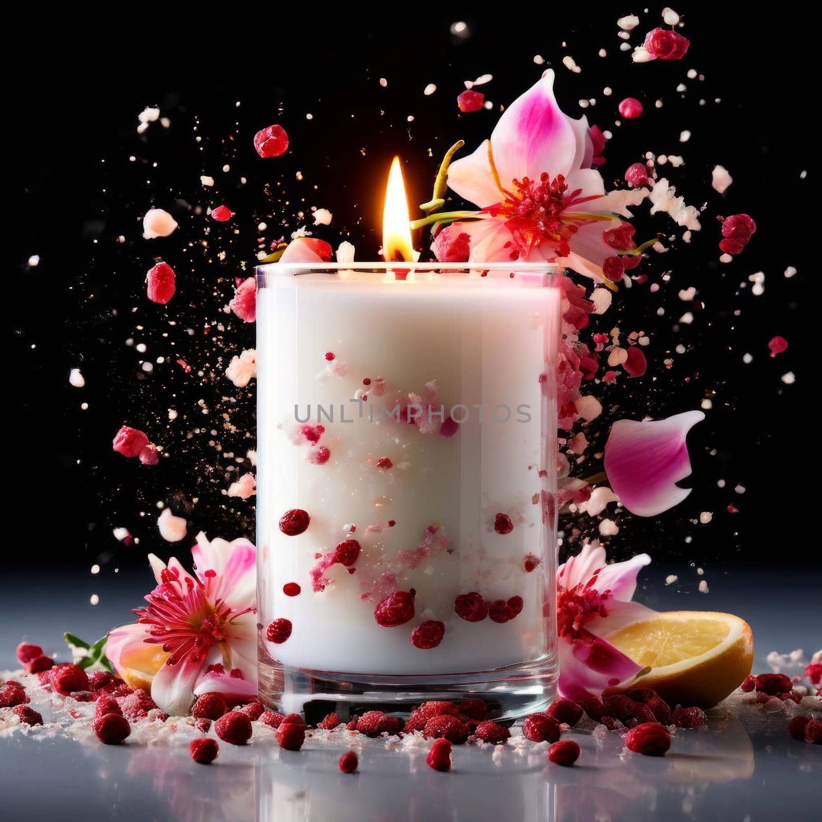 Luxurious candlelight surrounded by vibrant petals, lemon slices, and cinnamon sticks. Ideal for promoting relaxation, wellness, and inviting home environments