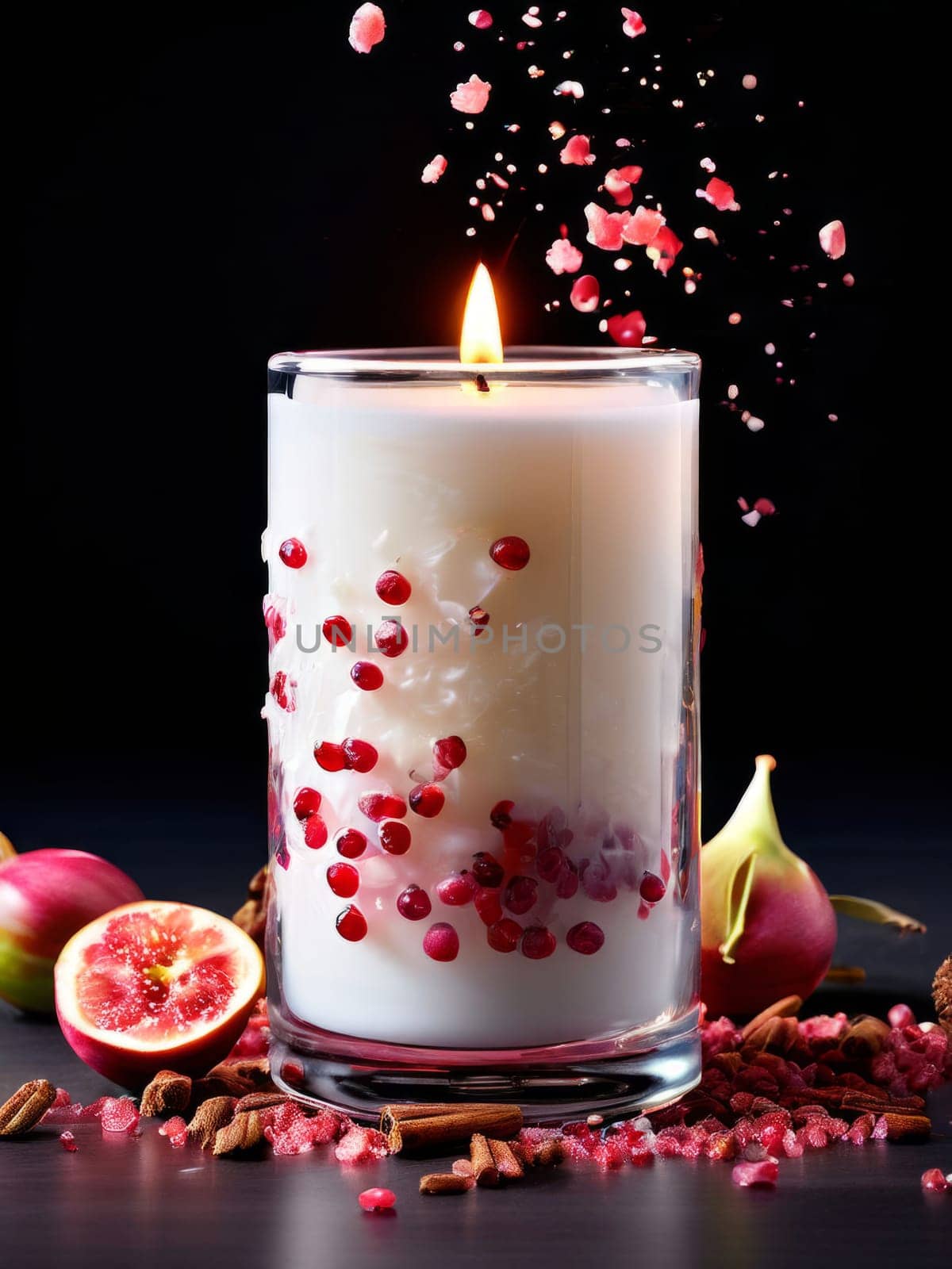 Luxurious candlelight surrounded by vibrant petals, lemon slices, and cinnamon sticks. Ideal for promoting relaxation, wellness, and inviting home environments