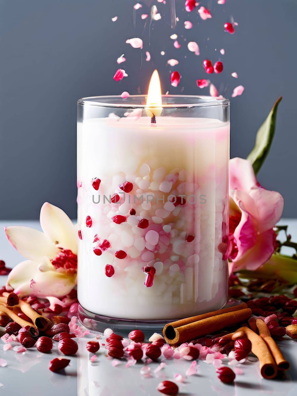 Soothing candle with colorful petals and fresh lemon creates calming atmosphere. Ideal for enhancing wellness, lifestyle, and cozy home environments