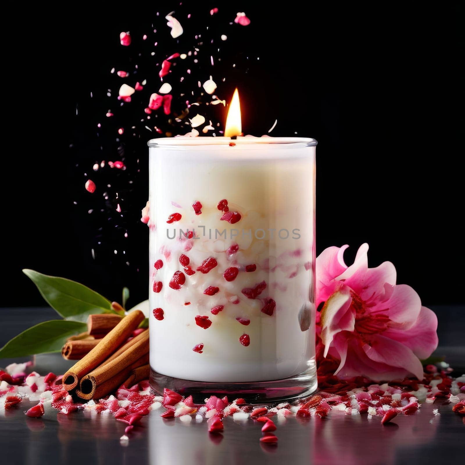 Soothing candle with colorful petals and fresh lemon creates calming atmosphere. Ideal for enhancing wellness, lifestyle, and cozy home environments