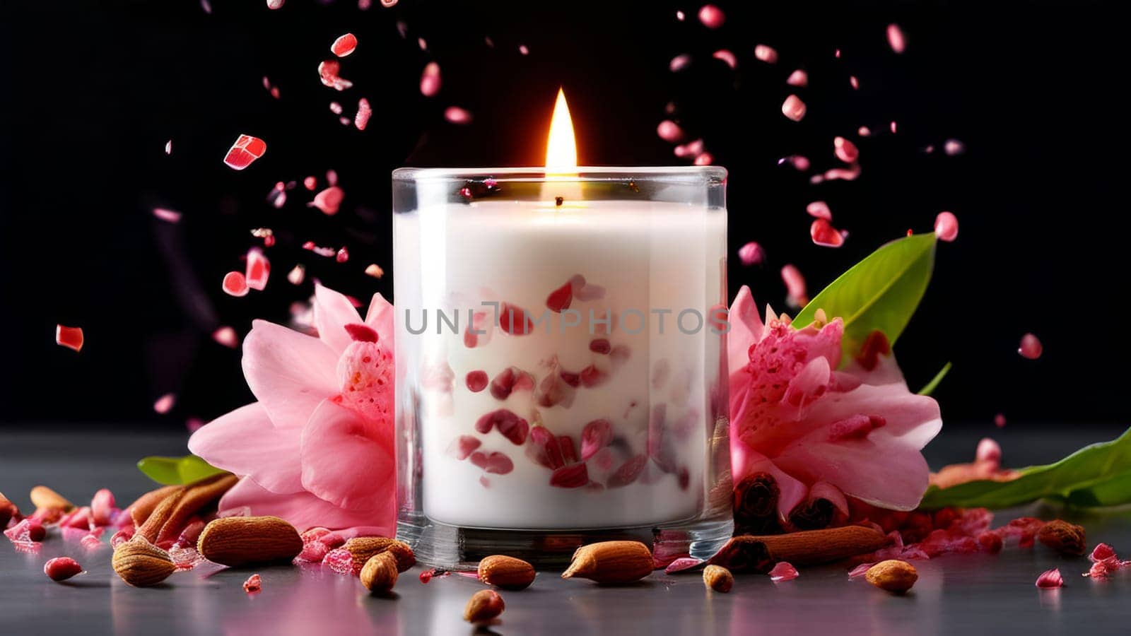 Soothing candle with colorful petals and fresh lemon creates calming atmosphere. Ideal for enhancing wellness, lifestyle, and cozy home environments