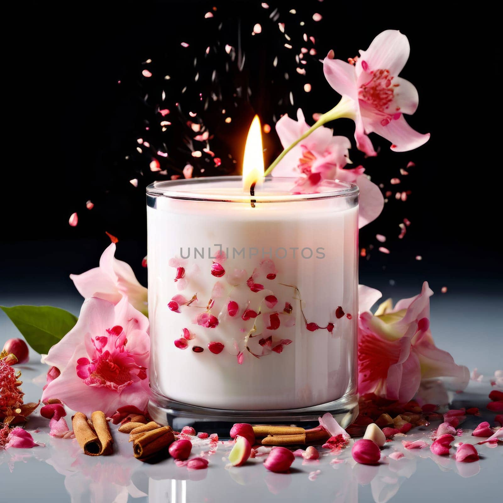 Soothing candle with colorful petals and fresh lemon creates calming atmosphere. Ideal for enhancing wellness, lifestyle, and cozy home environments
