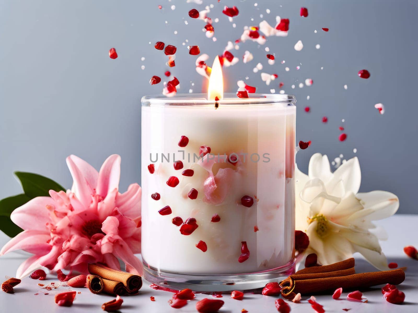 Soothing candle with colorful petals and fresh lemon creates calming atmosphere. Ideal for enhancing wellness, lifestyle, and cozy home environments