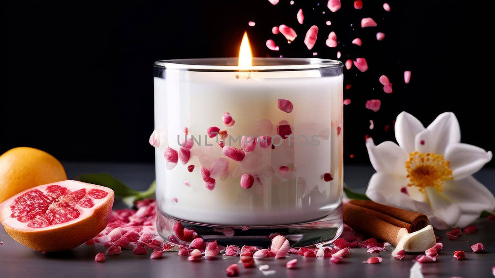 Soothing candle with colorful petals and fresh lemon creates calming atmosphere. Ideal for enhancing wellness, lifestyle, and cozy home environments