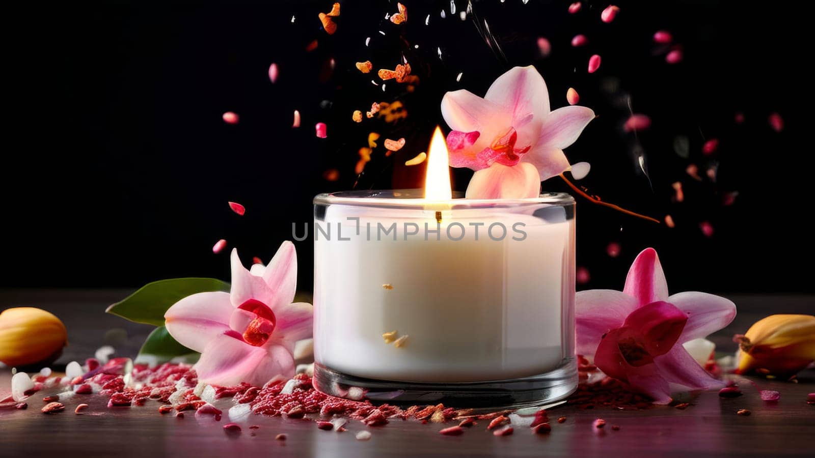 Soothing candle with colorful petals and fresh lemon creates calming atmosphere. Ideal for enhancing wellness, lifestyle, and cozy home environments