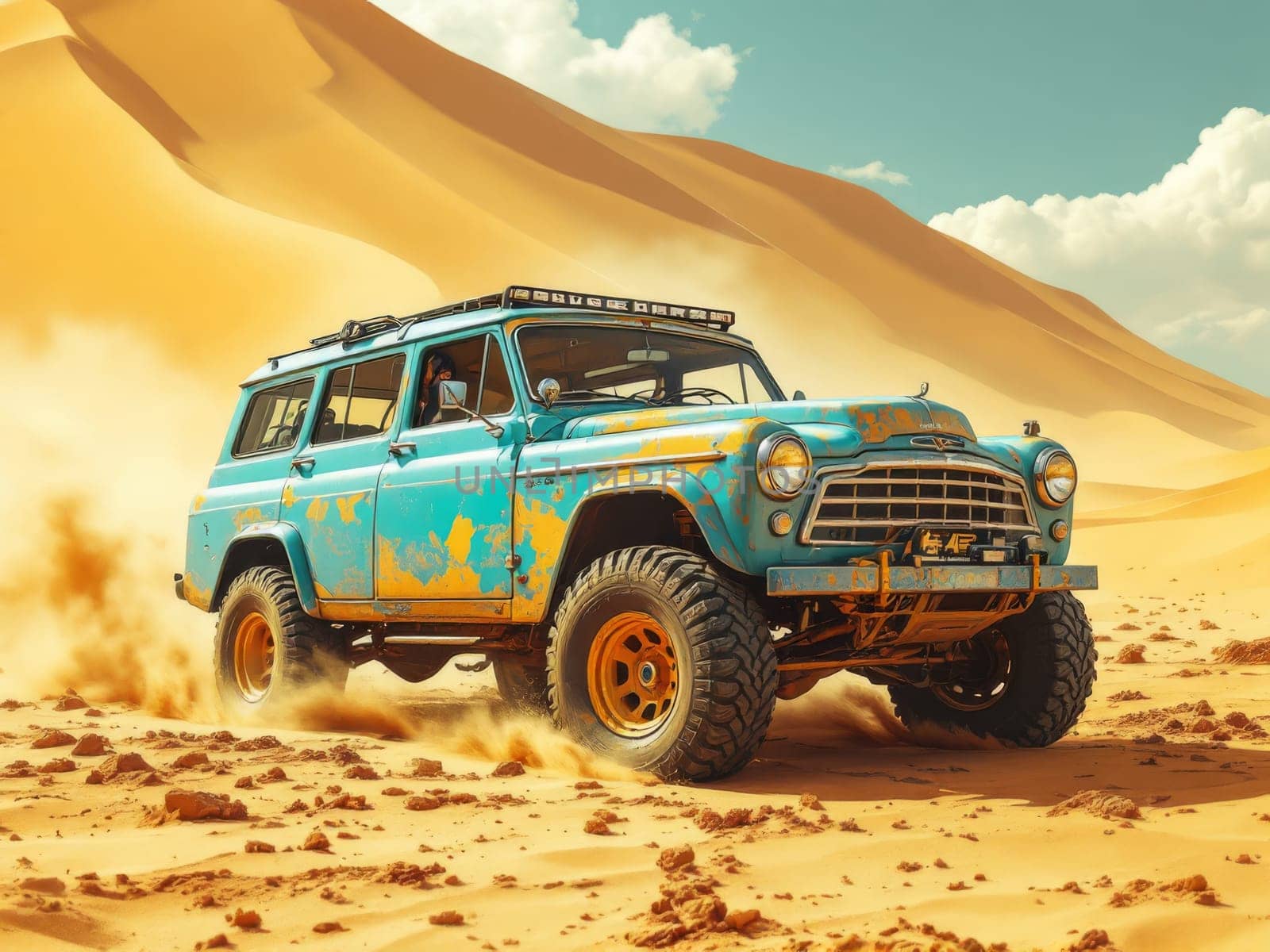 Light blue and yellow vintage custom off-road vehicle driving fast on sand dunes in a desert environment, kicking up dust. Ai generated