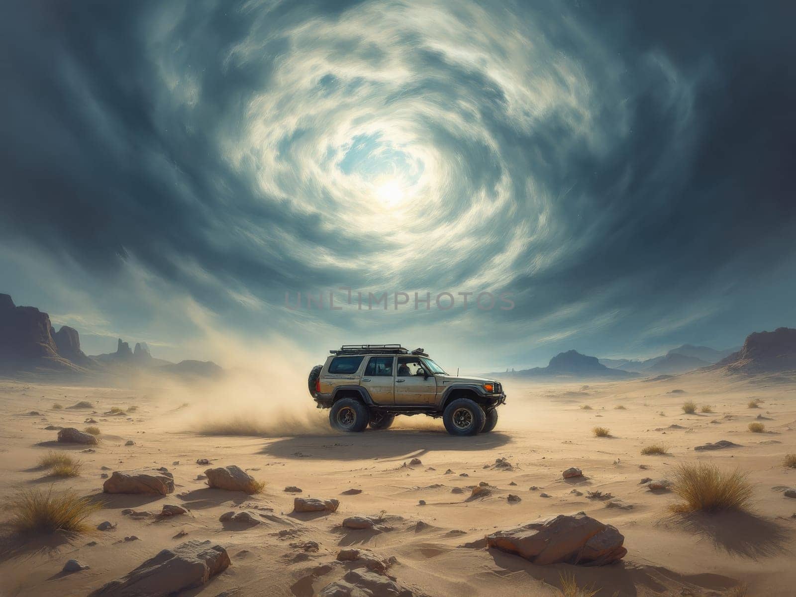Off-road vehicle is speeding in the desert raising dust under a dramatic swirling cloudy sky. Ai generated