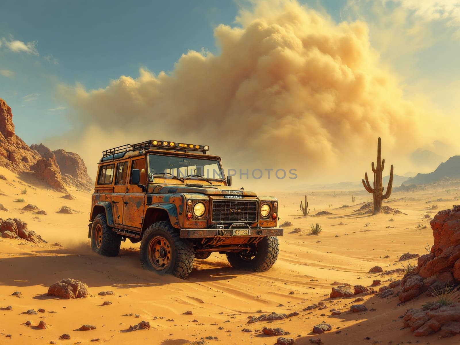 Off-road vehicle is driving through a desert landscape as a large sandstorm approaches. Ai generated