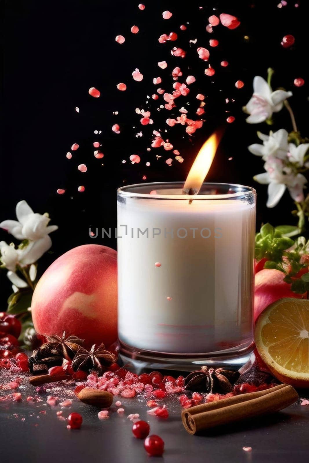 Elegant candle surrounded by vibrant petals, fresh fruits, and aromatic spices. Perfect for creating a cozy atmosphere, ideal for wellness, home decor, and holiday themes