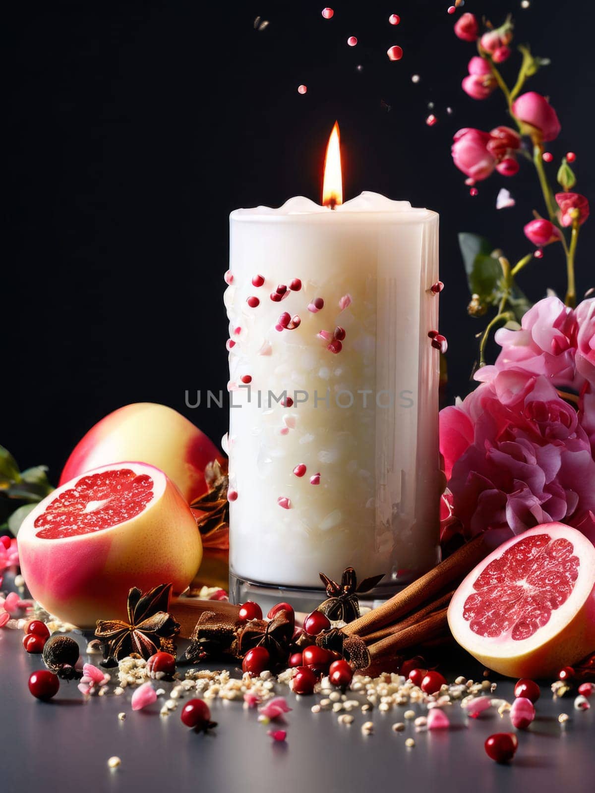 Elegant candle surrounded by vibrant petals, fresh fruits, and aromatic spices. Perfect for creating a cozy atmosphere, ideal for wellness, home decor, and holiday themes