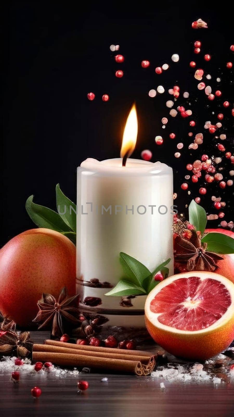 Elegant candle surrounded by vibrant petals, fresh fruits, and aromatic spices. Perfect for creating a cozy atmosphere, ideal for wellness, home decor, and holiday themes