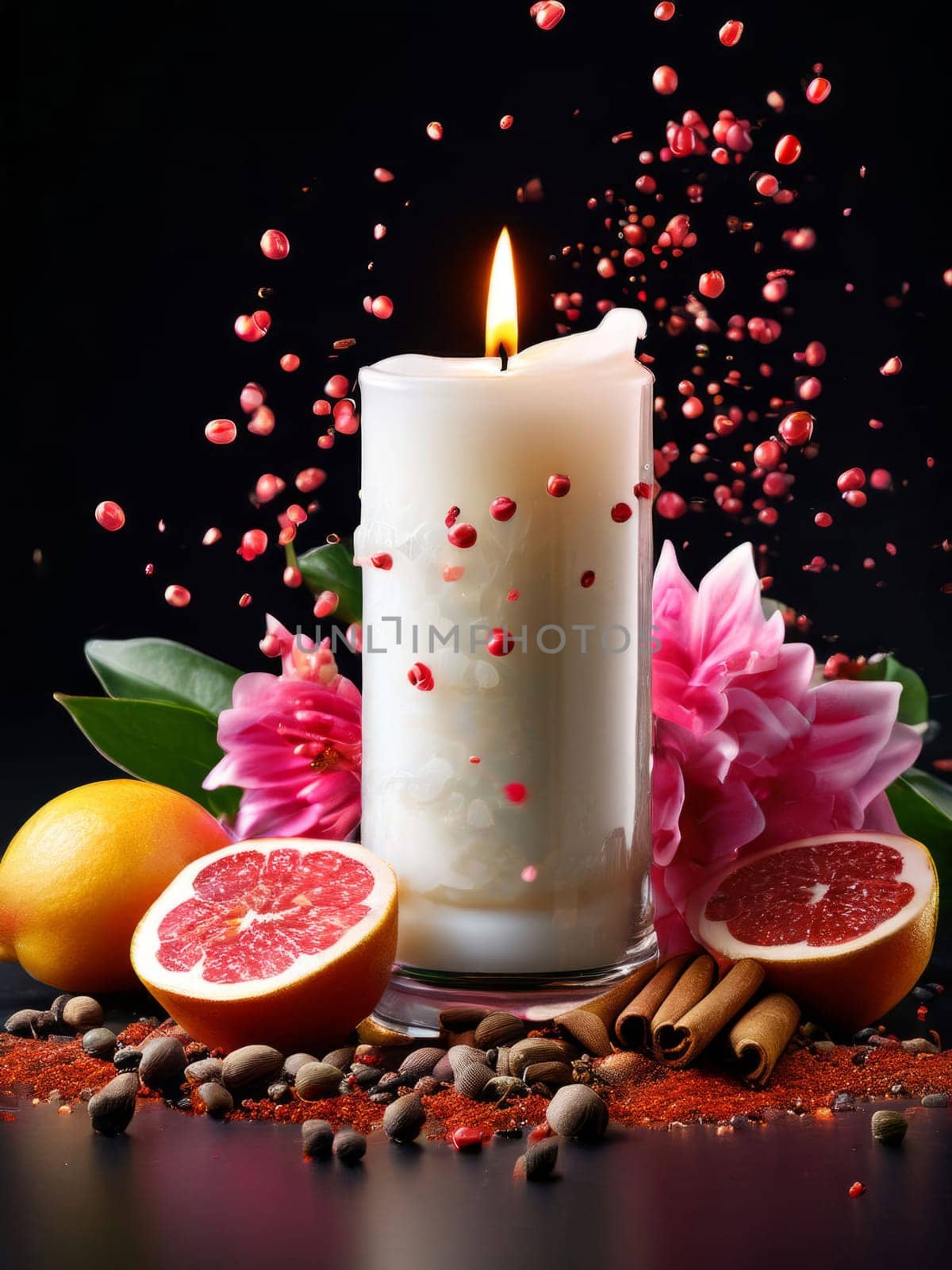 Elegant candle surrounded by vibrant petals, fresh fruits, and aromatic spices. Perfect for creating a cozy atmosphere, ideal for wellness, home decor, and holiday themes