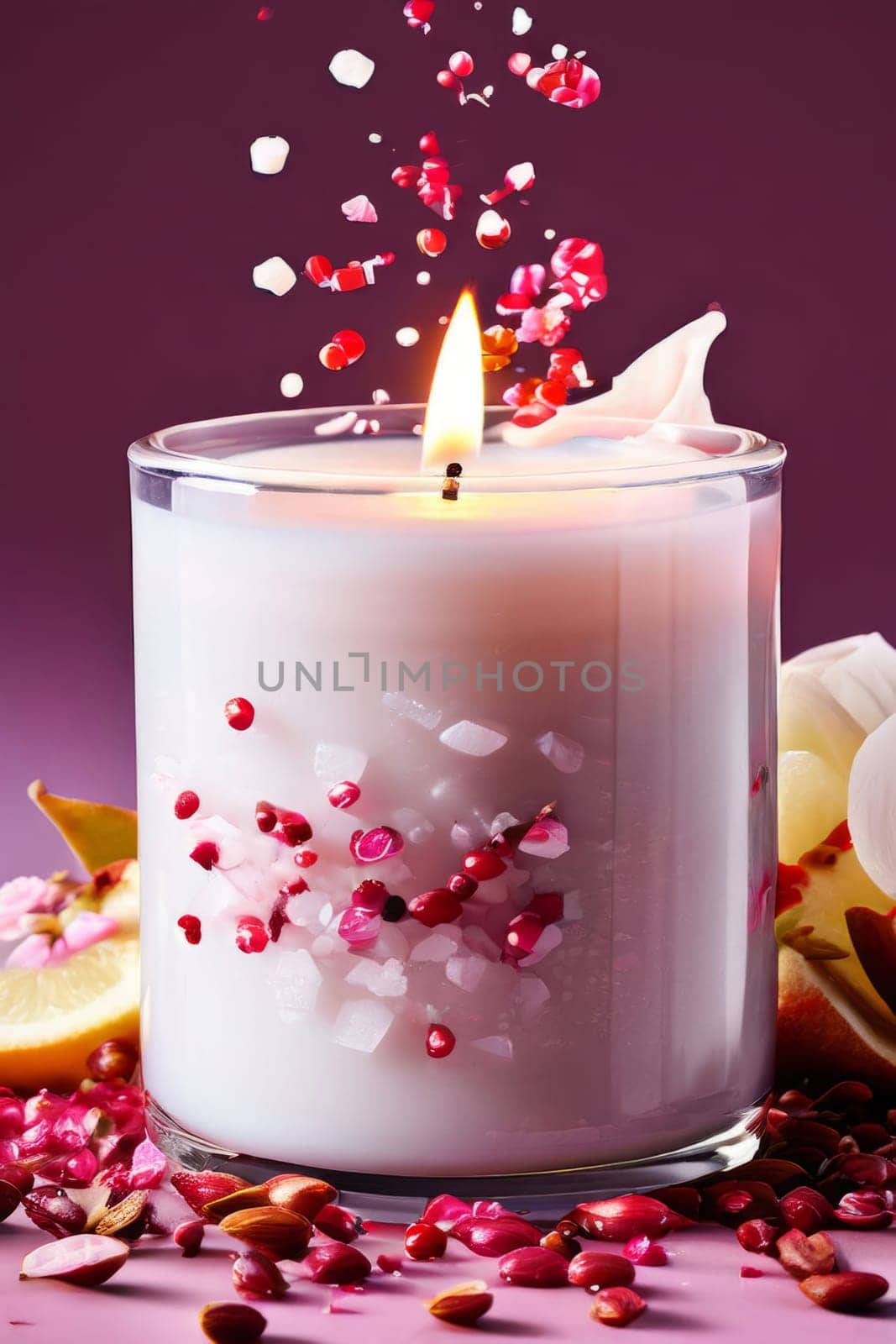 Elegant candle surrounded by vibrant petals, fresh fruits, and aromatic spices. Perfect for creating a cozy atmosphere, ideal for wellness, home decor, and holiday themes