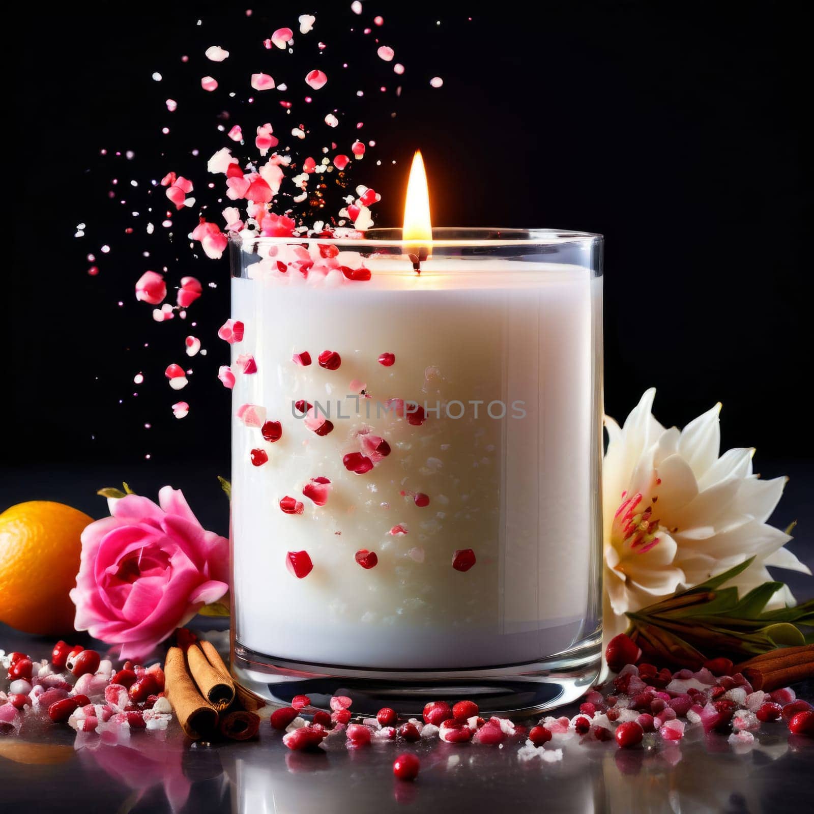 Elegant candle surrounded by vibrant petals, fresh fruits, and aromatic spices. Perfect for creating a cozy atmosphere, ideal for wellness, home decor, and holiday themes