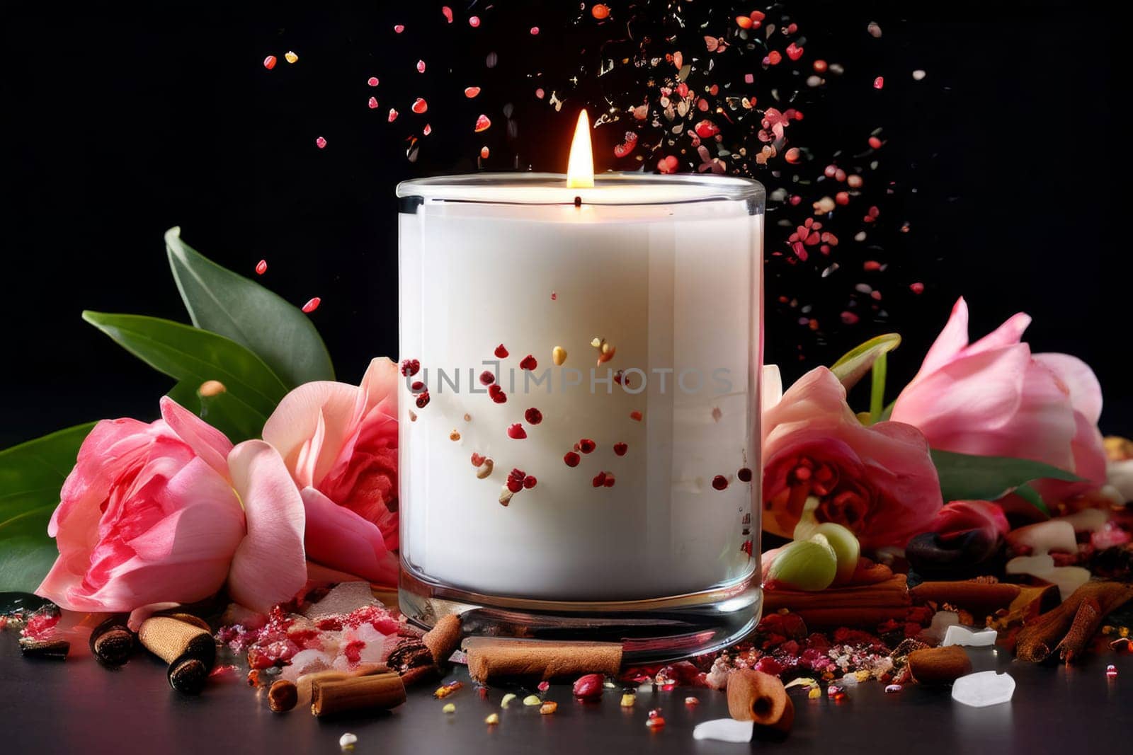 Luxurious candlelight surrounded by vibrant flower petals, fresh lemon, and spices. Ideal for promoting tranquility, wellness, and inviting home decor