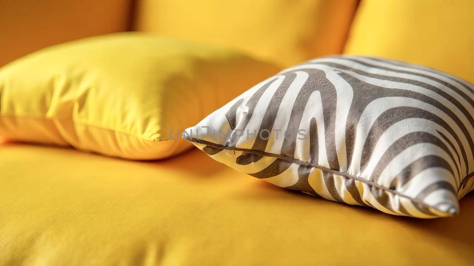Zebra skin print on a cushion on a yellow sofa with plush cushions. Concept of using natural animal prints in textiles and interior decor.