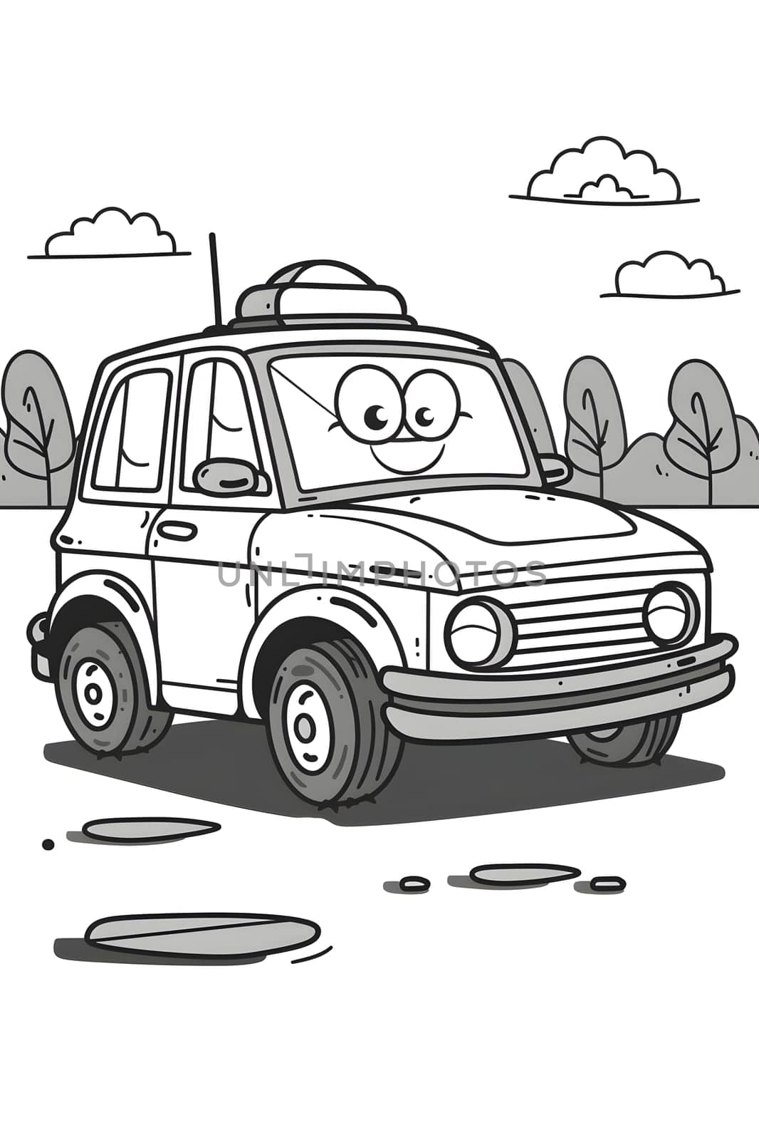 A cartoon car with a smiling face is cruising down the road, showcasing automotive design and automotive lighting, while serving as a mode of transport