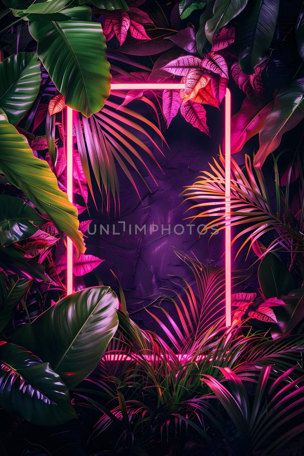 In the darkness of midnight, a neon frame stands out in the jungle, surrounded by terrestrial plants in shades of purple, pink, magenta, and electric blue