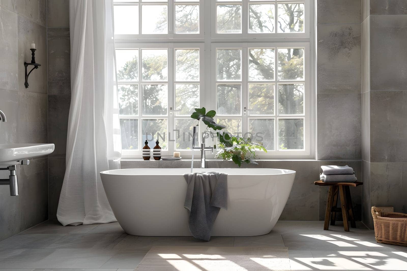 A bathroom with a rectangular bathtub, sink, window, and wood flooring. The plumbing fixtures and plants add a touch of elegance