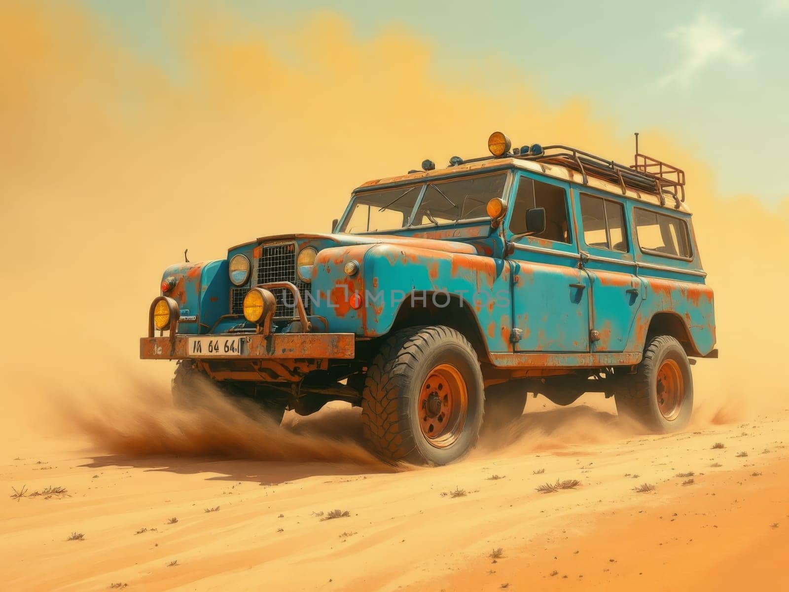 Old rusty blue land rover driving fast kicking up sand and dust in a large desert landscape. Ai generated