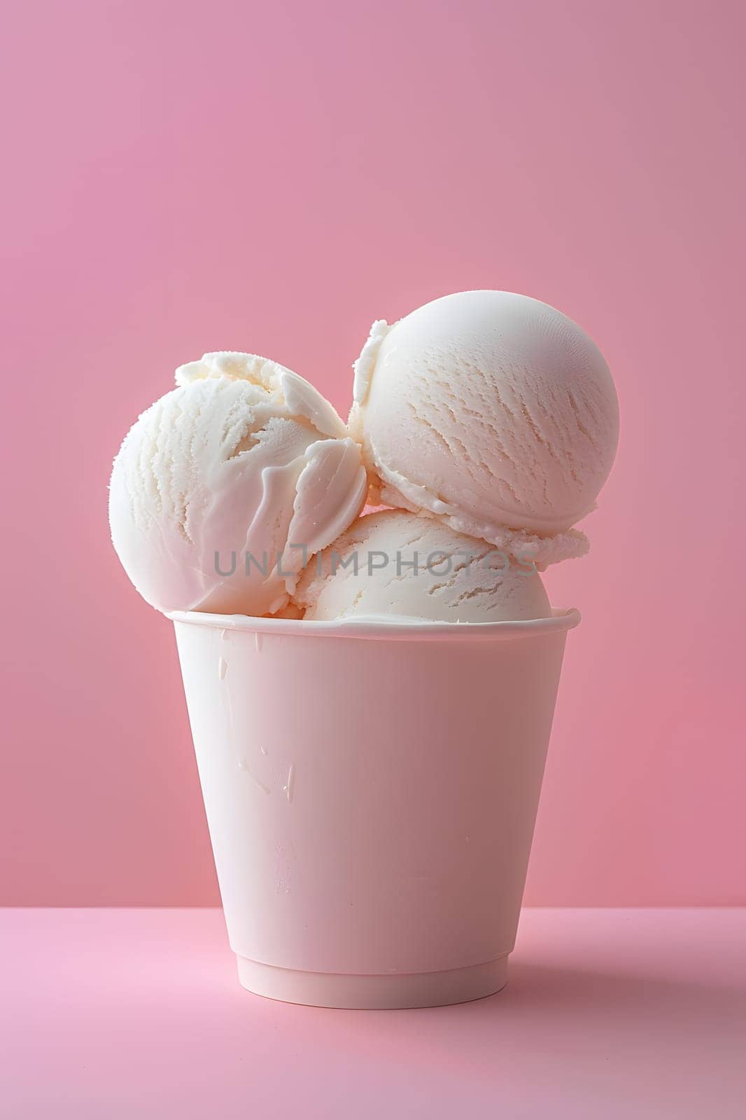 Delicious vanilla ice cream scoops in a white cup against a pink background