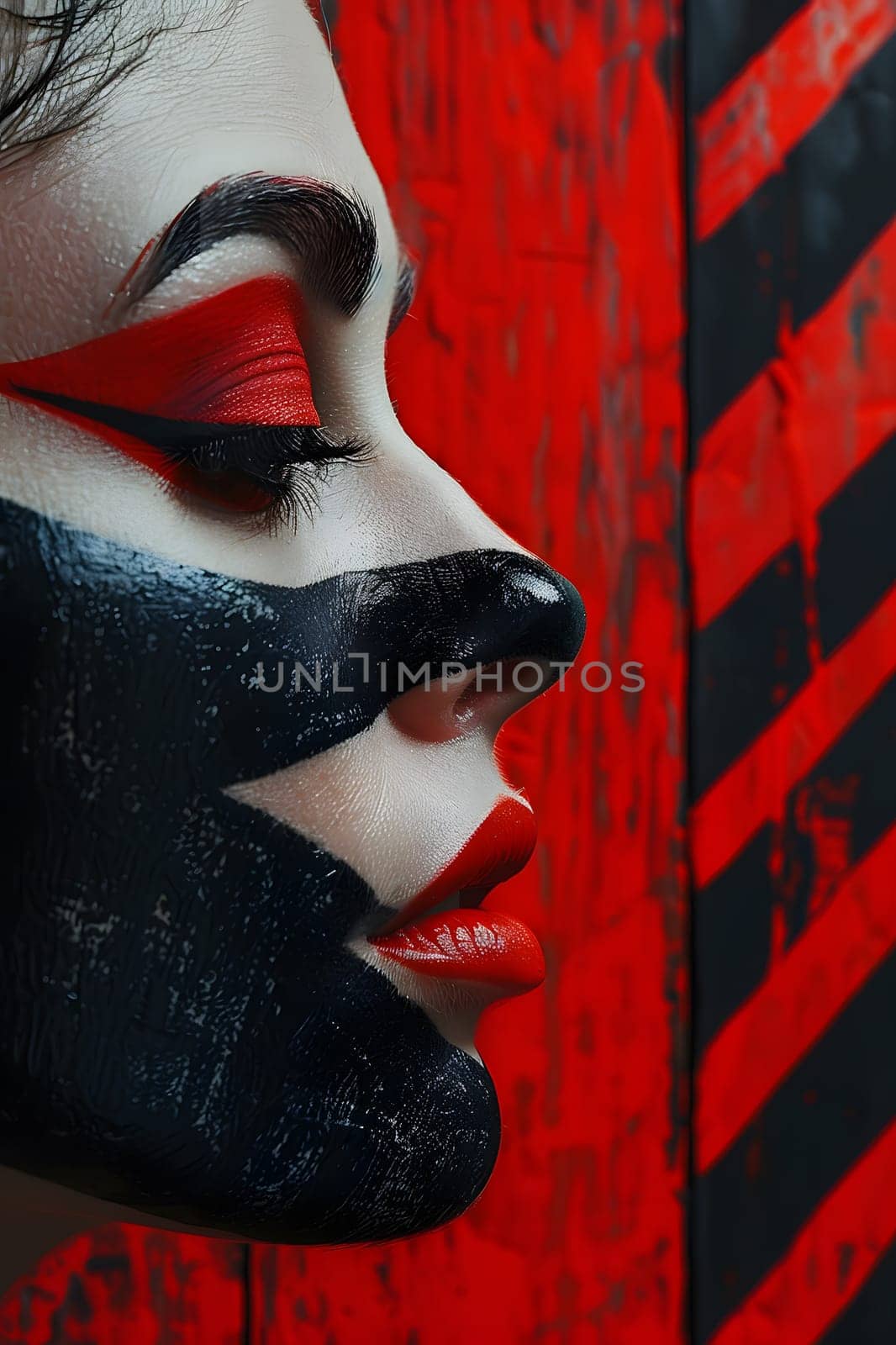 A fictional character with black and red makeup adorning her face, showcasing intricate artistry with lipstick on her lips and carmine painting on her jaw. A visual arts masterpiece in textile form