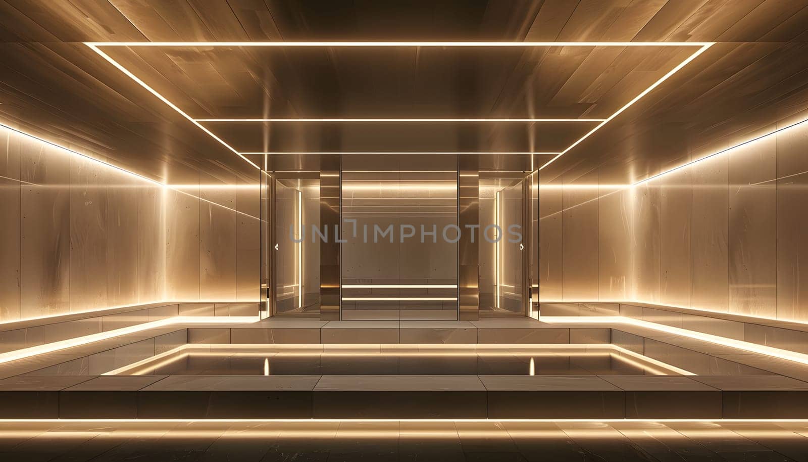 The room is adorned with rectangular fixtures emitting gas and metal or composite material, creating symmetry on the walls and ceiling