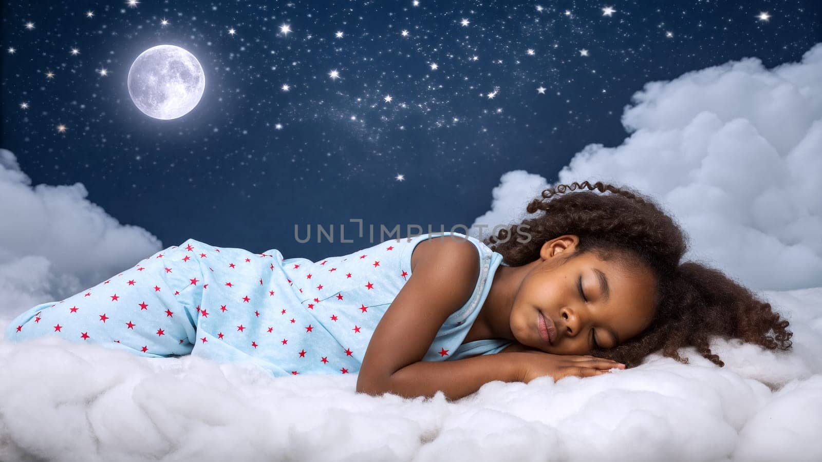 An african american young girl sleeps soundly on fluffy clouds, surrounded by twinkling stars and a bright full moon in the clear night sky - Generative AI