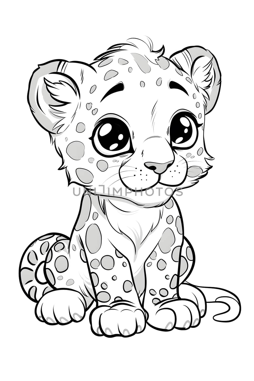A cartoon depiction of a happy baby leopard, a felidae mammal, sitting down with a playful gesture. The drawing showcases the nose, jaw, and vertebrate of the cute animal, resembling a fun toy