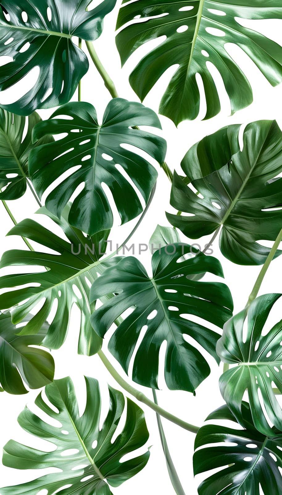 A closeup photo of a tropical plant with vibrant green leaves, set against a pristine white background. The intricate leaf pattern creates a beautiful piece of art