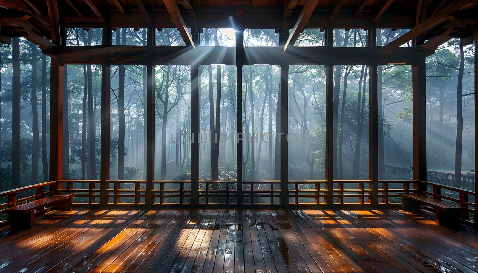 The sunlight filters through the stained glass windows of the wooden gazebo, casting beautiful tints and shades across the hardwood floor