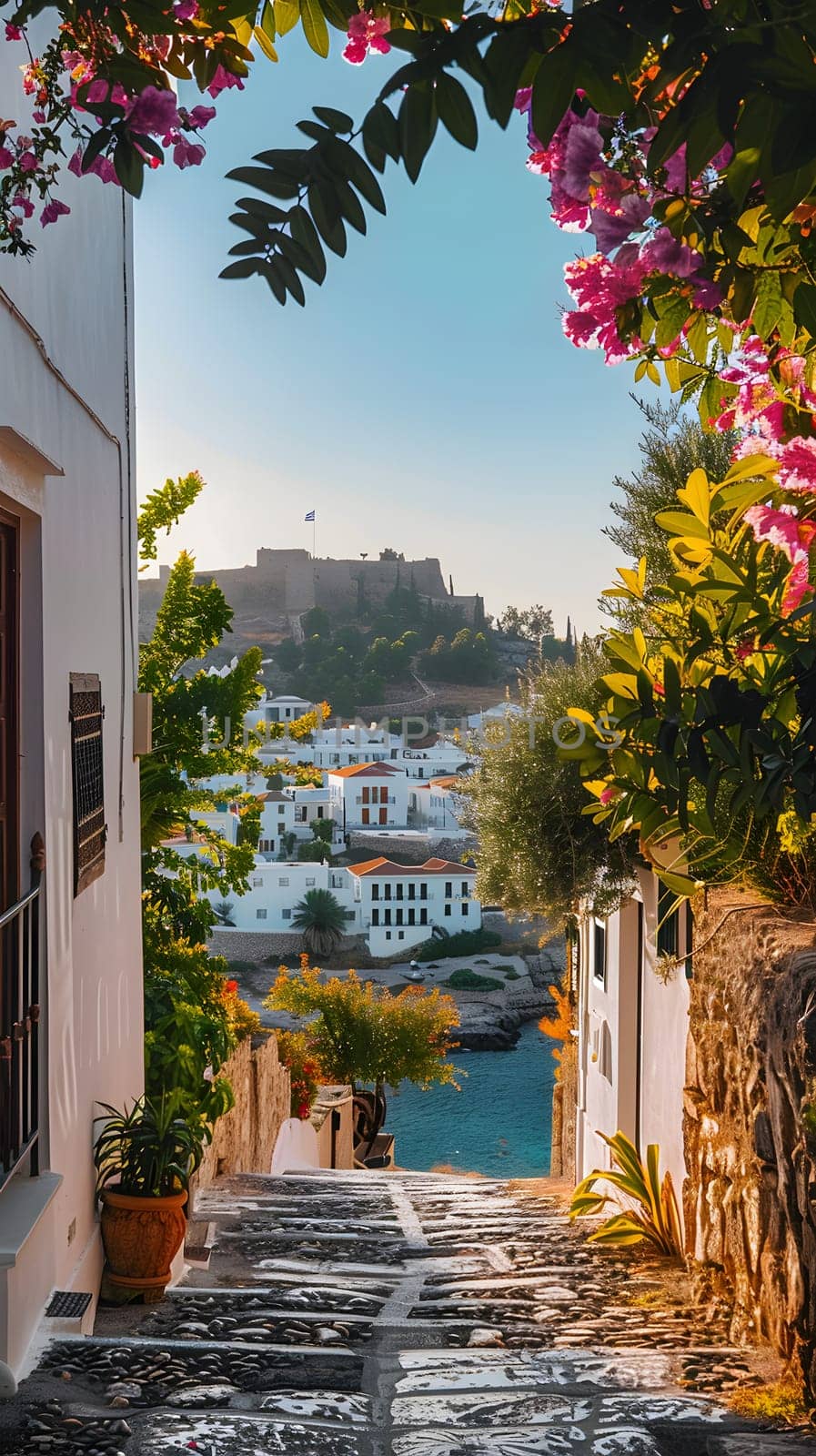 A quaint alleyway under the morning sky, leading to a small town with a castle in the background. Flowers blooming near historic buildings