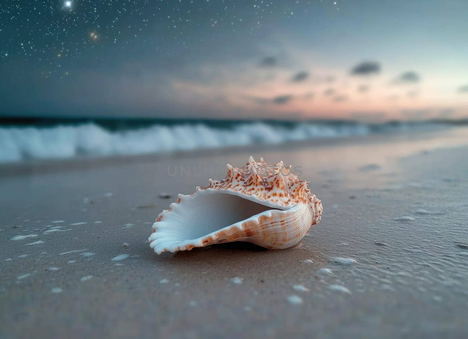 Seashell Treasure: smooth conch, ocean breeze, coastal elegance, shoreline serenity, beachside retreat, calming environment, romantic vibes, sea breeze, nature's artistry