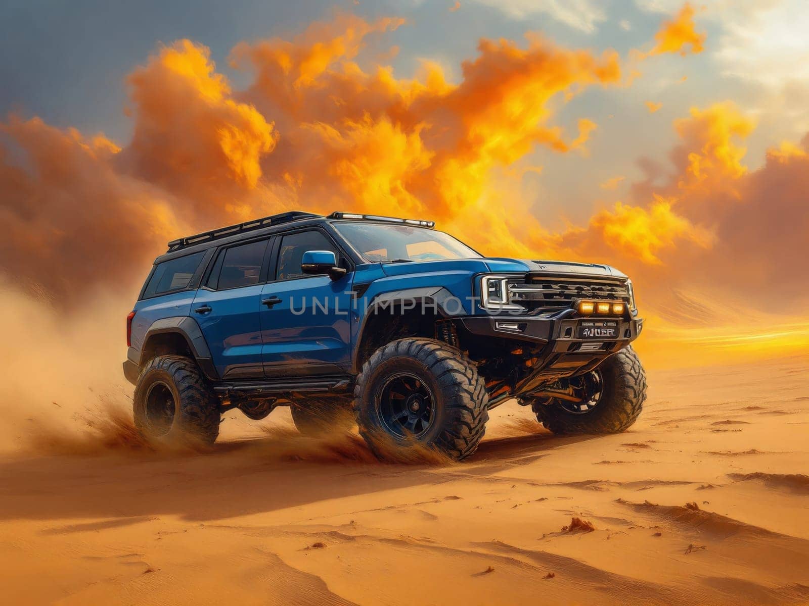 Blue Ford Bronco Raptor turning sharply and kicking up sand while racing through the desert, illuminated by a stunning sunset backdrop. Ai generated
